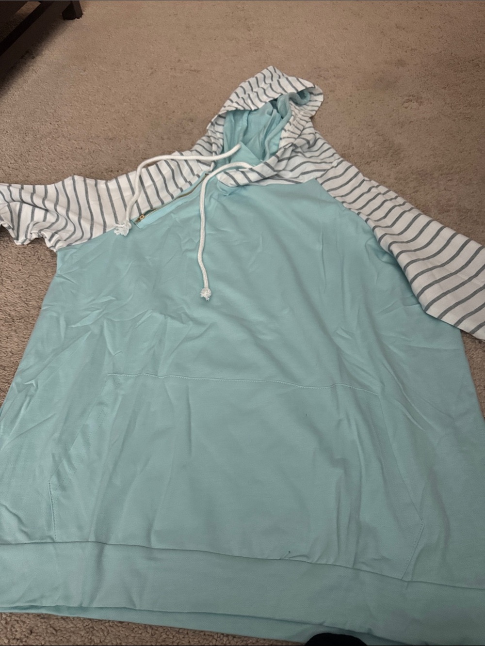 Amazon Women's Light Blue Hooded Pullover with Striped Sleeves